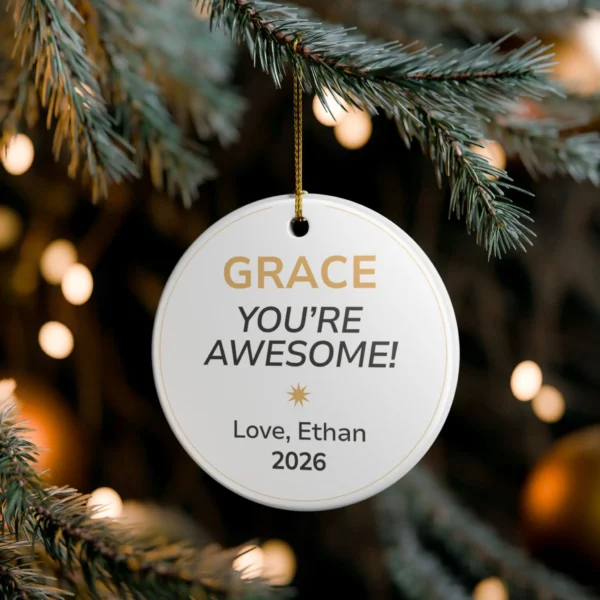 personalised you’re awesome christmas ornament with receiver and giver names