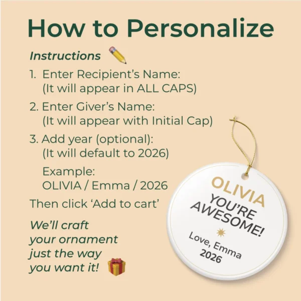 personalised you’re awesome christmas ornament with receiver and giver names