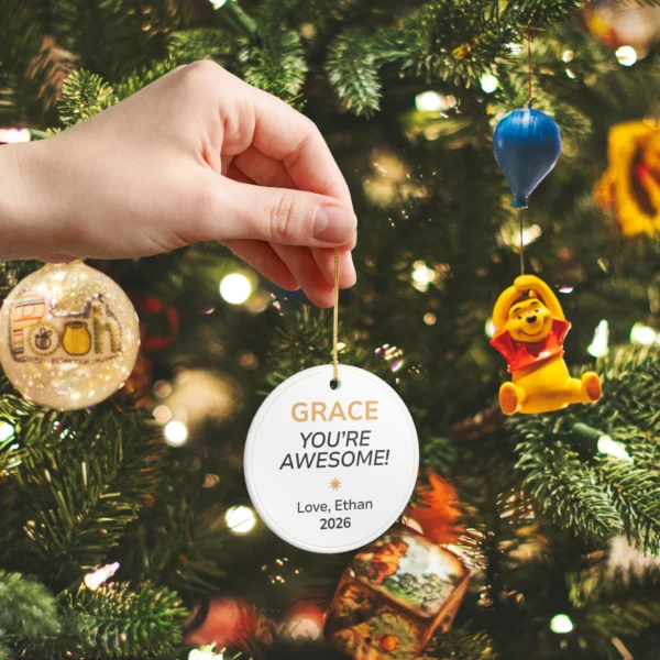 personalised you’re awesome christmas ornament with receiver and giver names