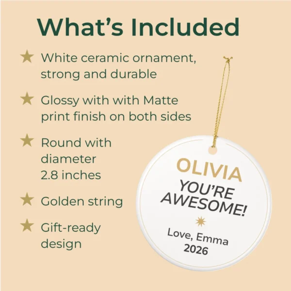 personalised you’re awesome christmas ornament with receiver and giver names