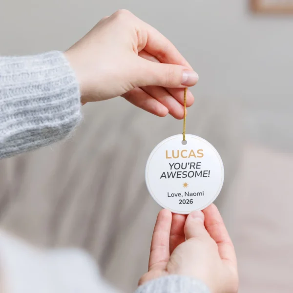 personalised you’re awesome christmas ornament with receiver and giver names