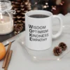 woke mug | wisdom optimism kindness empathy | reclaim woke as positive & powerful | inspirational coffee cup gift