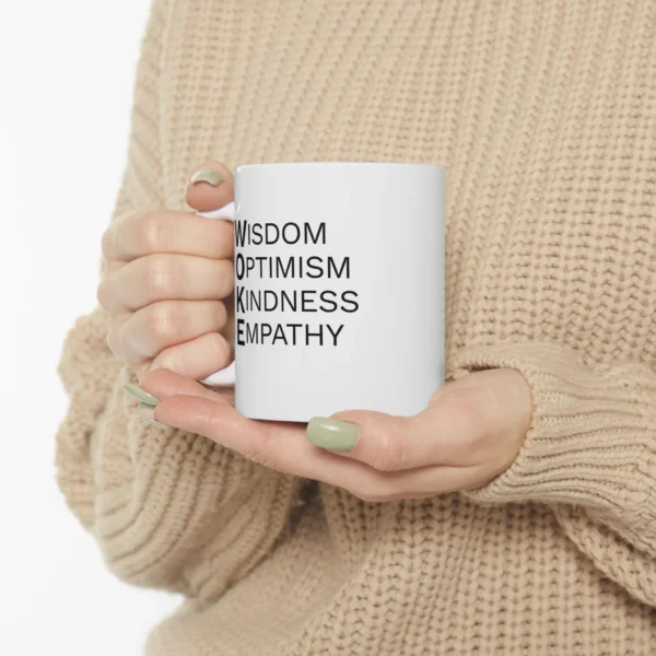 woke mug | wisdom optimism kindness empathy | reclaim woke as positive & powerful | inspirational coffee cup gift