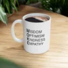 woke mug | wisdom optimism kindness empathy | reclaim woke as positive & powerful | inspirational coffee cup gift