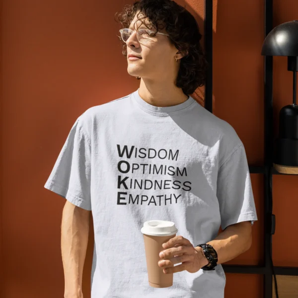 woke acronym t shirt | wisdom optimism kindness empathy | black text on short sleeve light tee