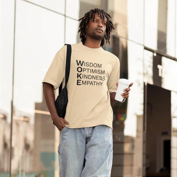 woke acronym t shirt | wisdom optimism kindness empathy | black text on short sleeve light tee