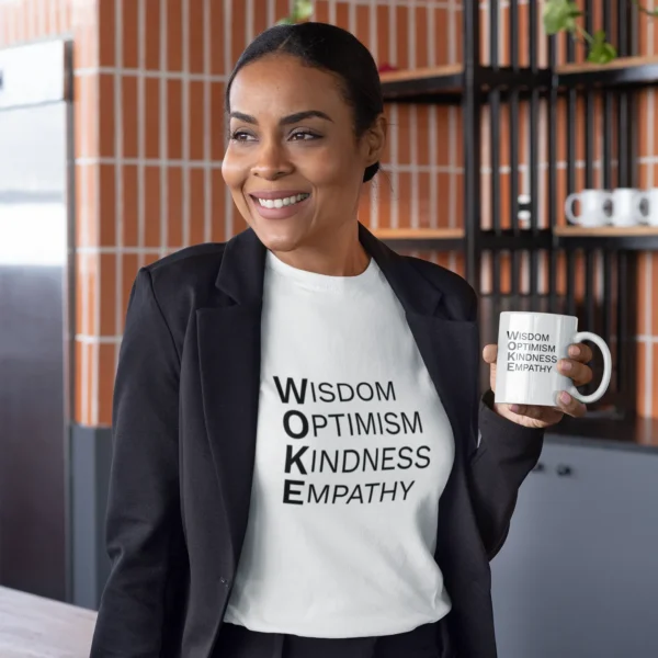 woke acronym t shirt | wisdom optimism kindness empathy | black text on short sleeve light tee