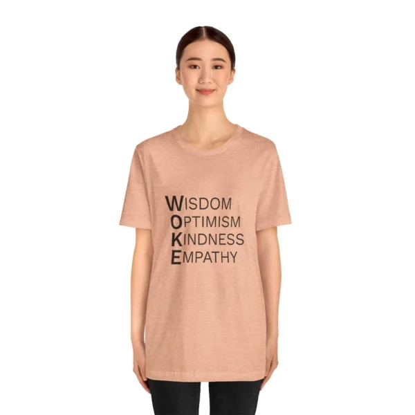woke acronym t shirt | wisdom optimism kindness empathy | black text on short sleeve light tee