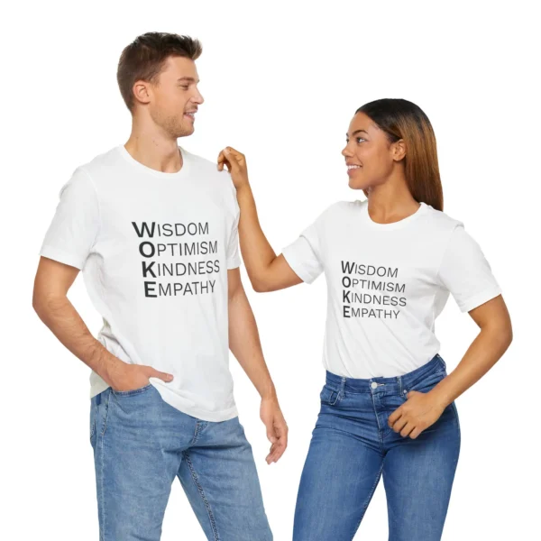 woke acronym t shirt | wisdom optimism kindness empathy | black text on short sleeve light tee
